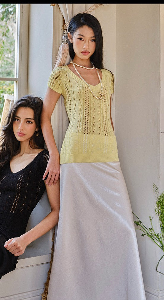 Knitted V-Neck Top - Elegant Cable Knit Design