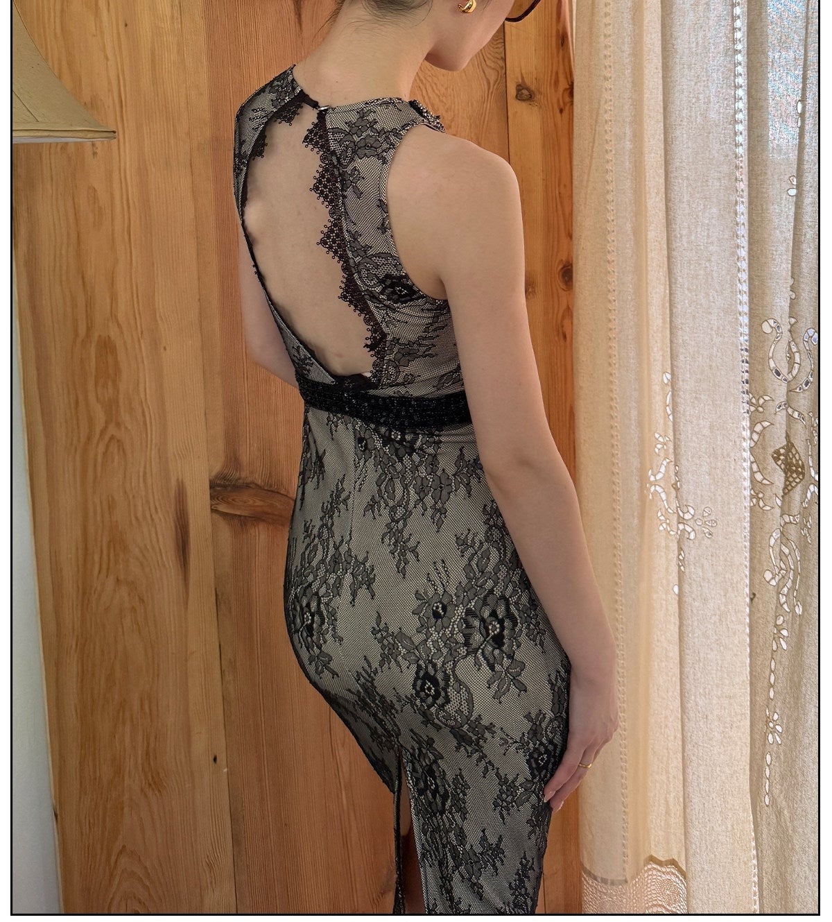 Lace Embroidered Black Dress - Elegant Mid-Length Design