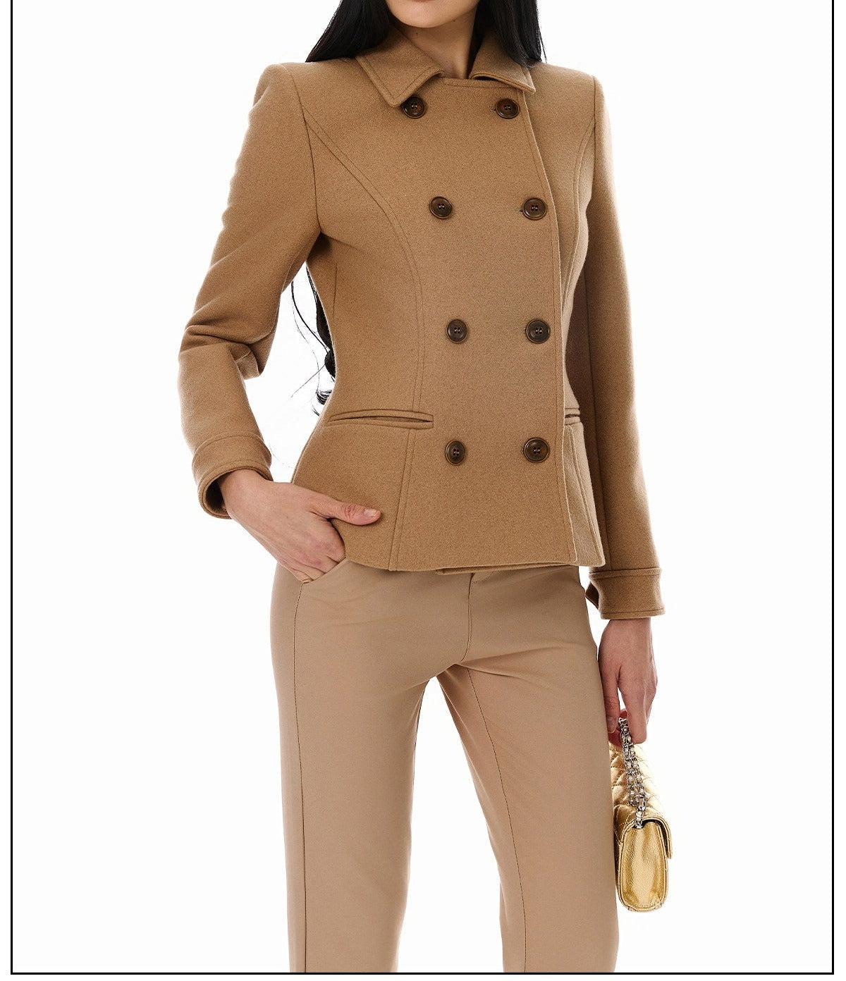 Wool Blend Coat - Elegant Camel Double-Breasted Design