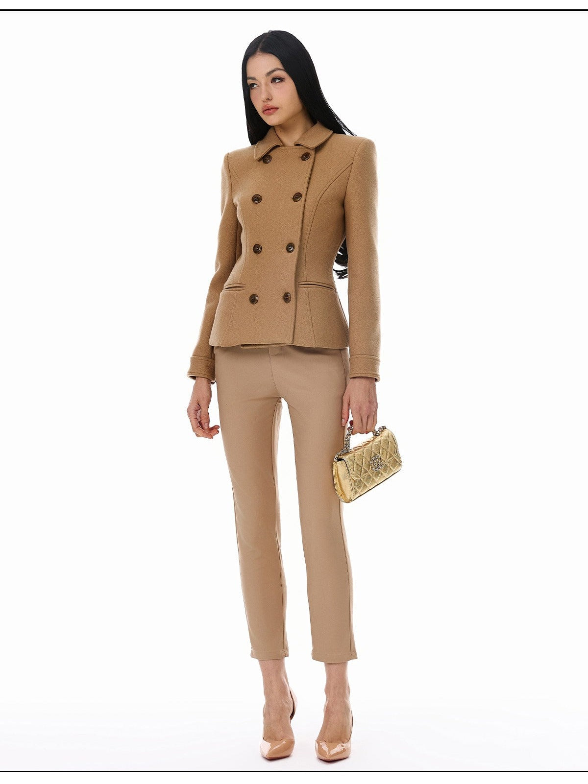 Wool Blend Coat - Elegant Camel Double-Breasted Design