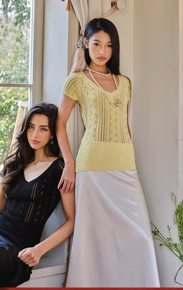 Knitted V-Neck Top - Elegant Cable Knit Design