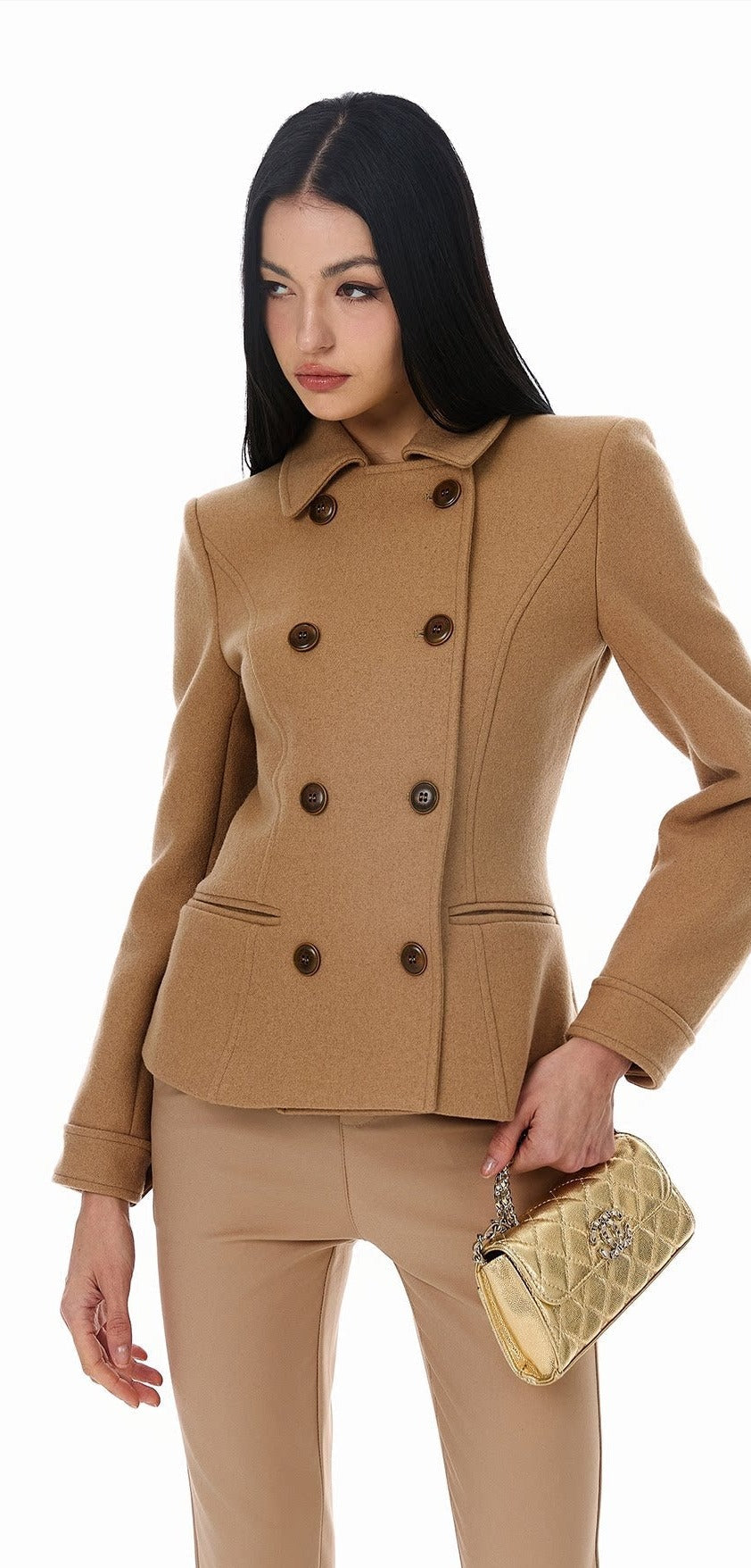 Wool Blend Coat - Elegant Camel Double-Breasted Design