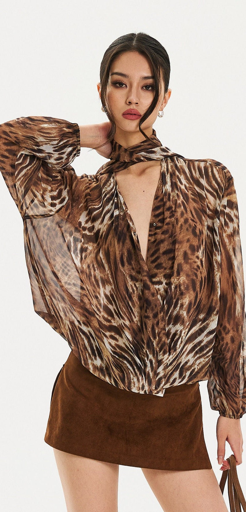 Chiffon Blouse - Leopard Print V-Neck Design