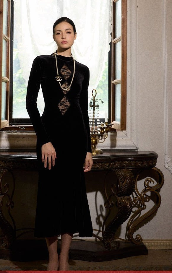 Velvet Dress with Lace Overlay - Elegant Long Dress