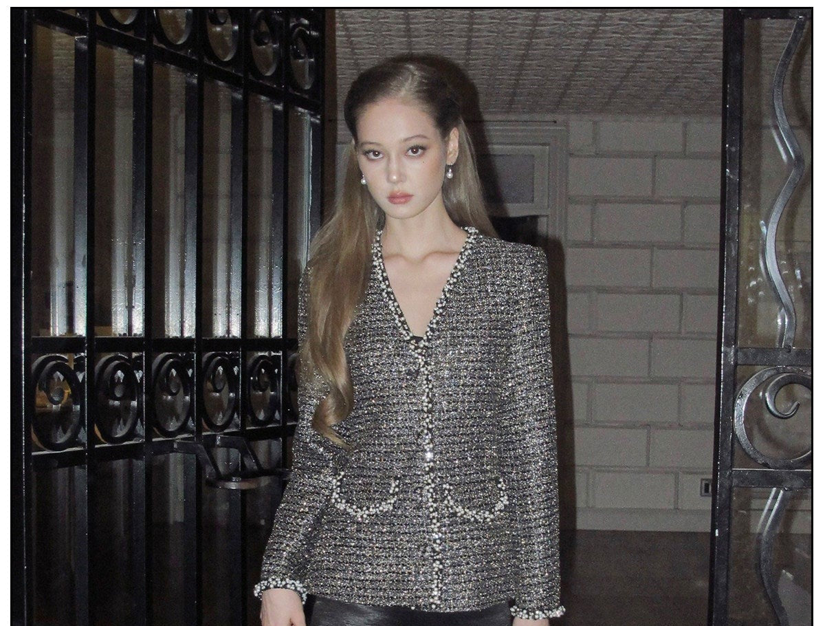 Tweed Short Coat with Pearl Embellishments