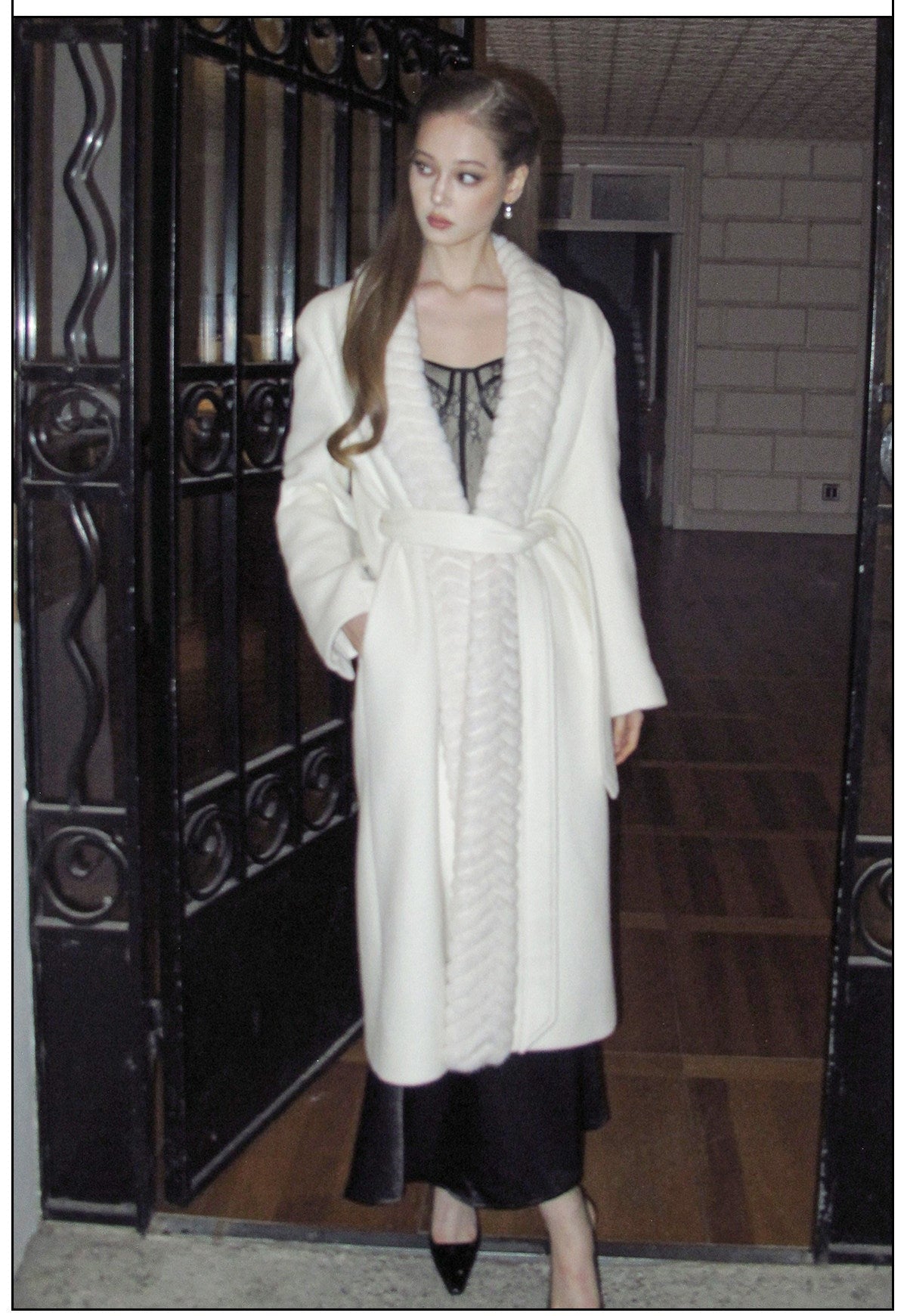 Wool Blend Long Coat with Faux Fur Collar