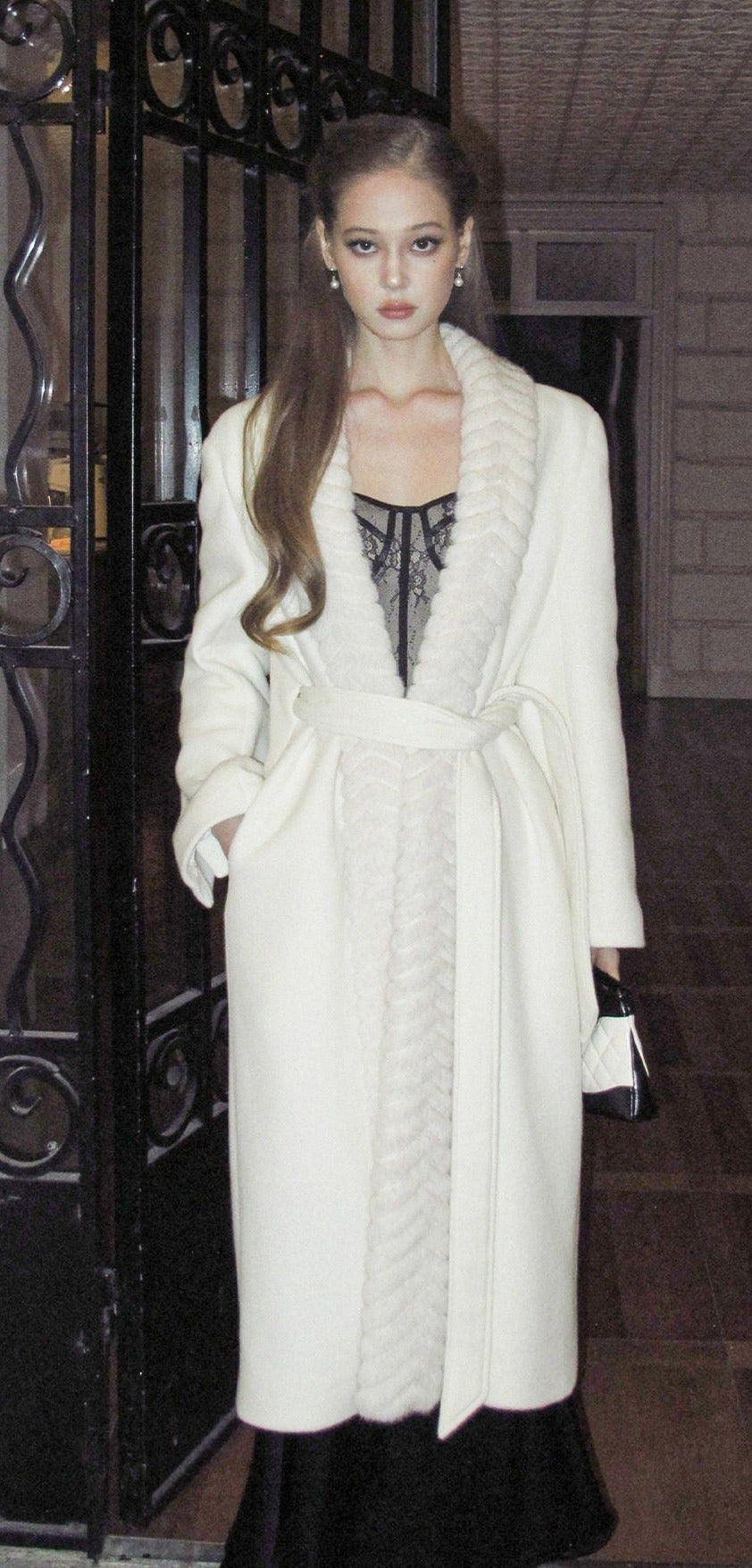 Wool Blend Long Coat with Faux Fur Collar