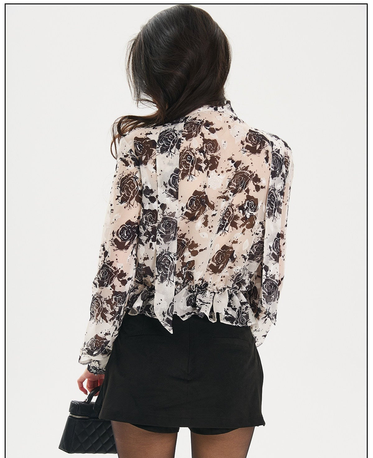 Rose Print V-Neck Long Shirt - Black and White