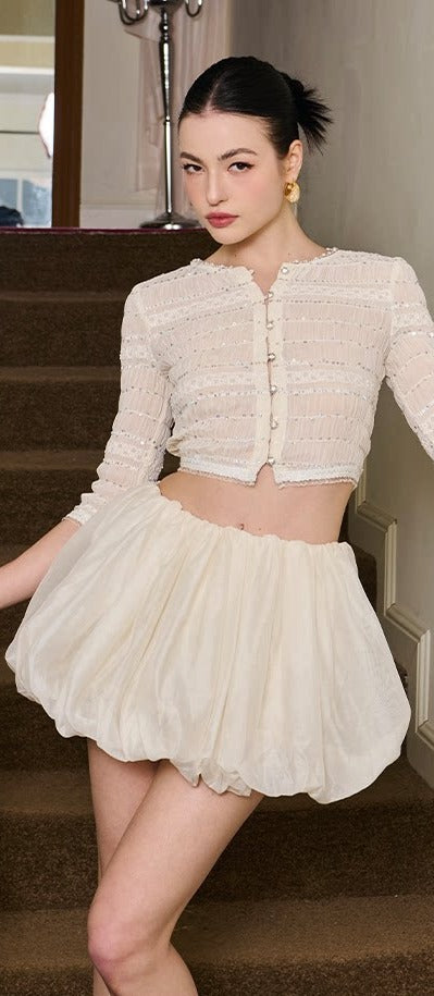 Vintage Pearl Top and Skirt Set - Korean Princess Style