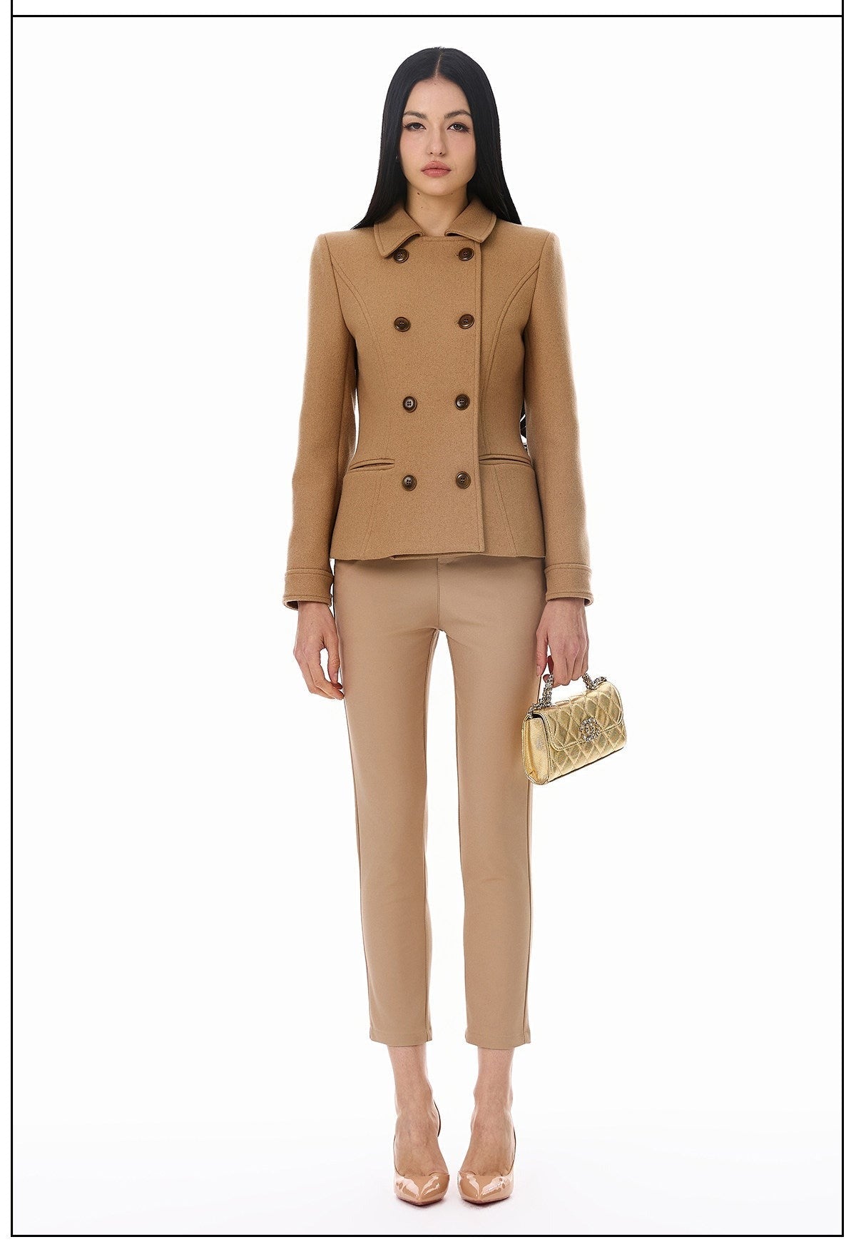 Wool Blend Coat - Elegant Camel Double-Breasted Design
