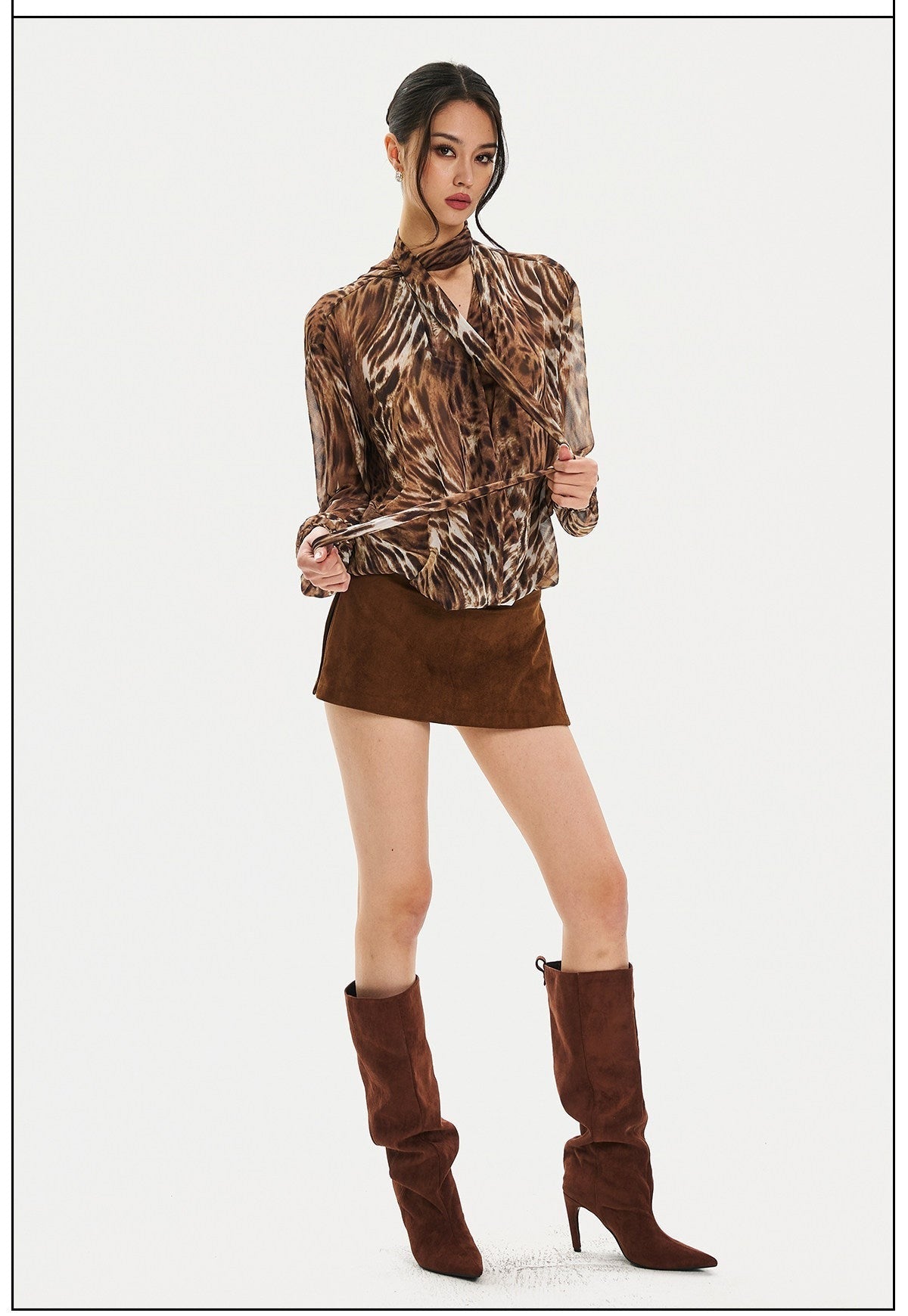 Chiffon Blouse - Leopard Print V-Neck Design