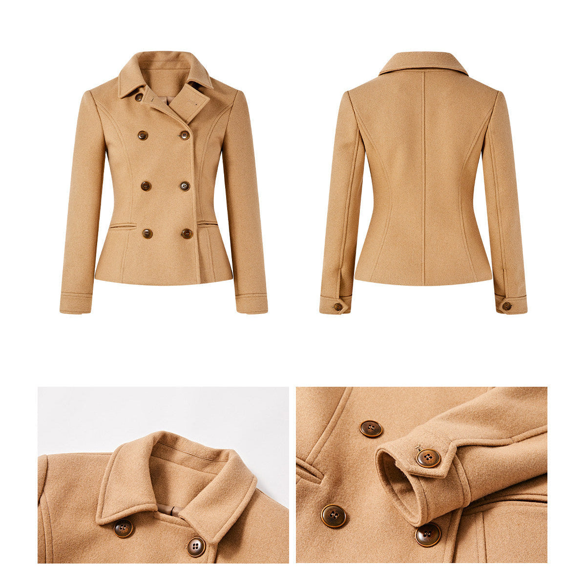 Wool Blend Coat - Elegant Camel Double-Breasted Design