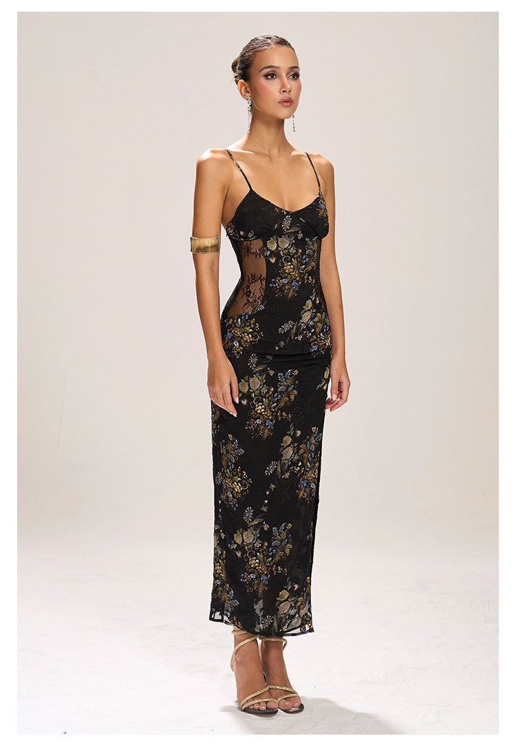 Polyester Long Dress with Lace Design