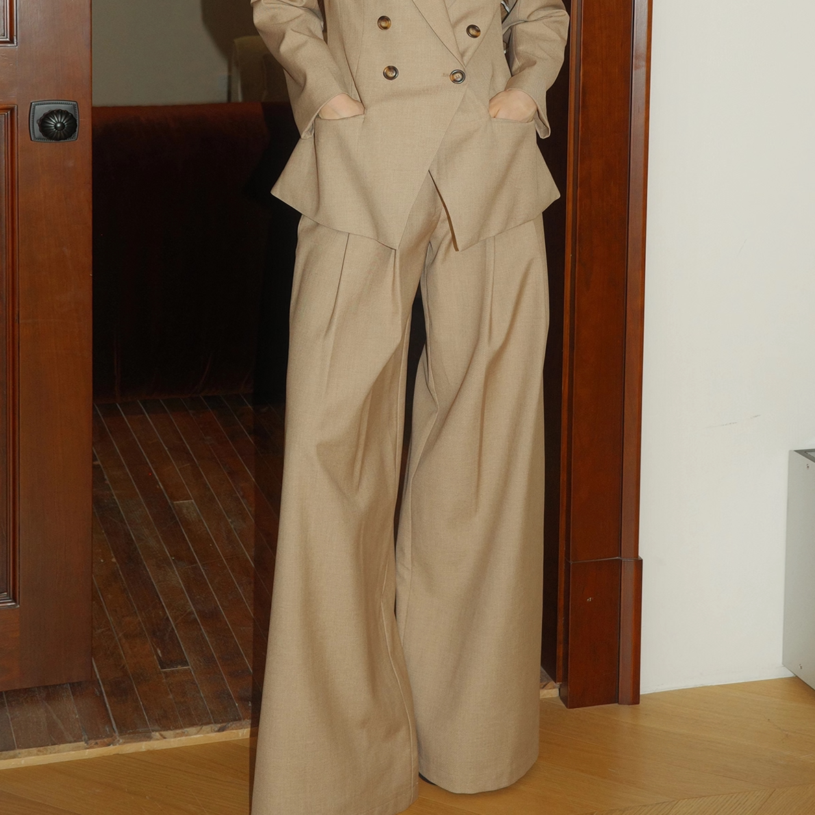 Khaki Viscose Set - Classic Shoulder-Padded Coat and Tailored Pants