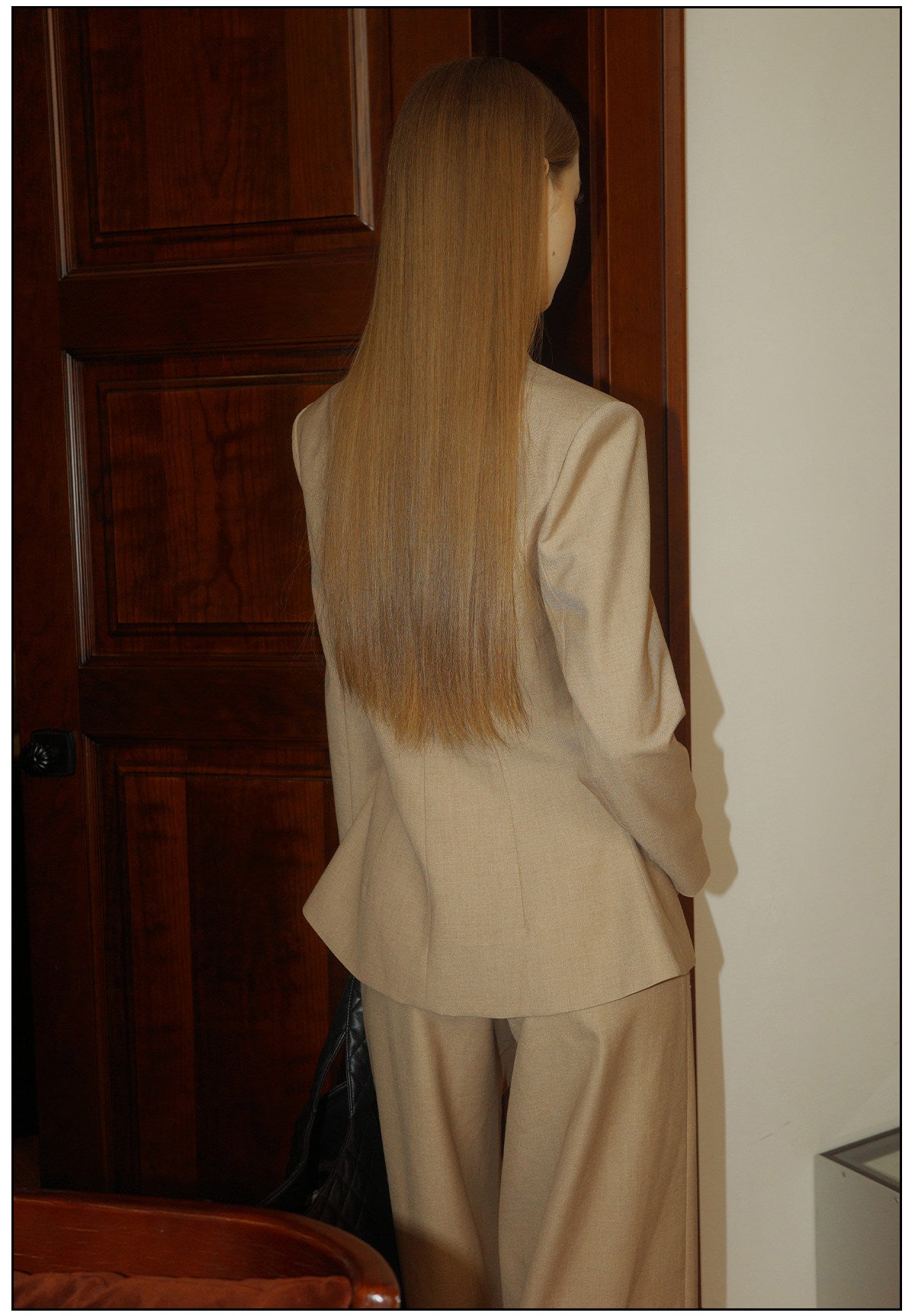 Khaki Viscose Set - Classic Shoulder-Padded Coat and Tailored Pants