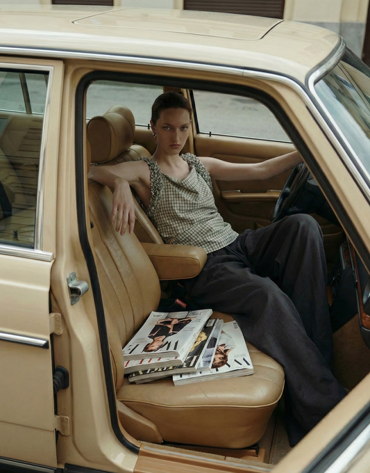 Cotton Plaid Camisole Top - Lace Sleeve Scoop Neck