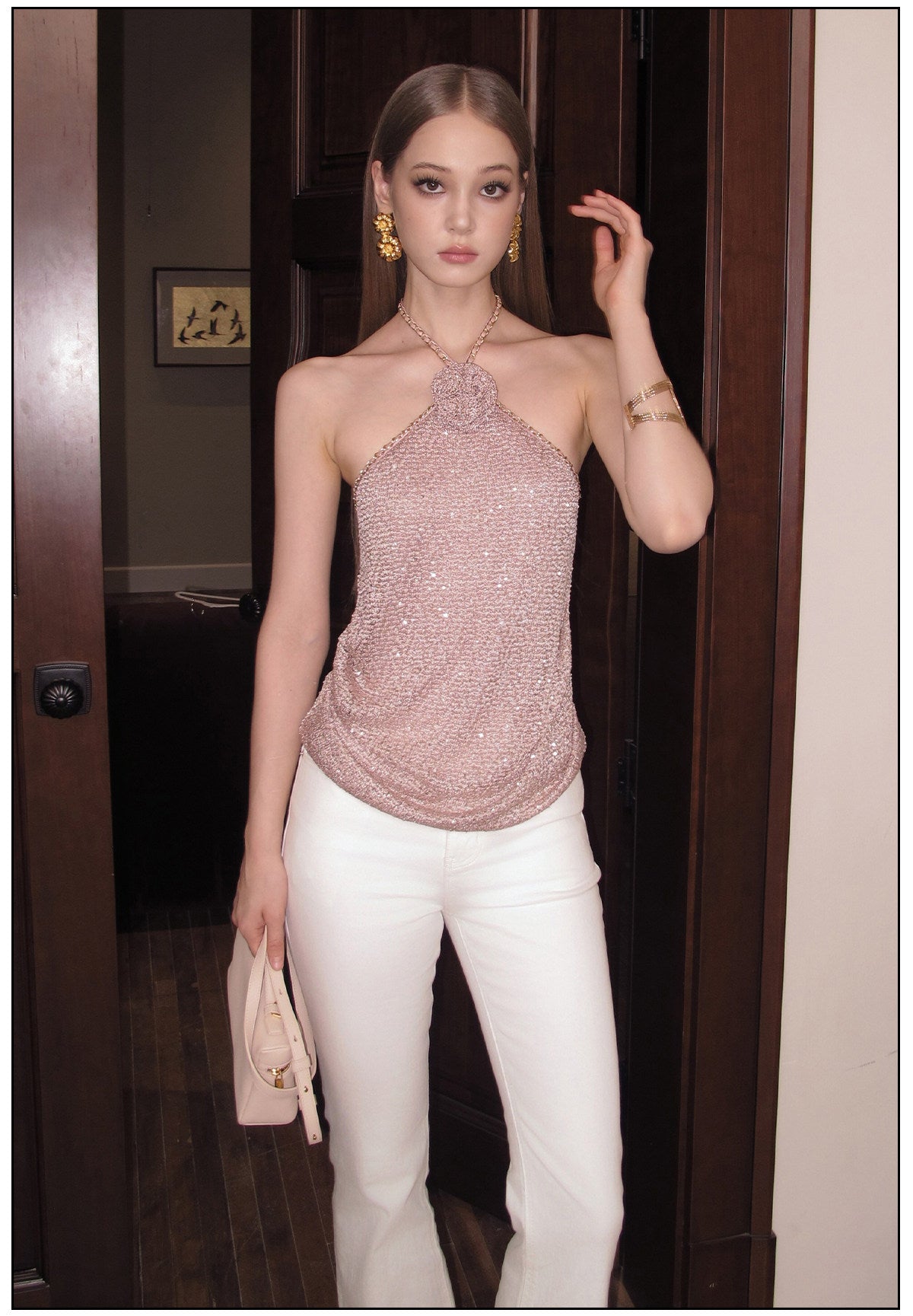 Viscose Halter Neck Top with Rose Embellishments