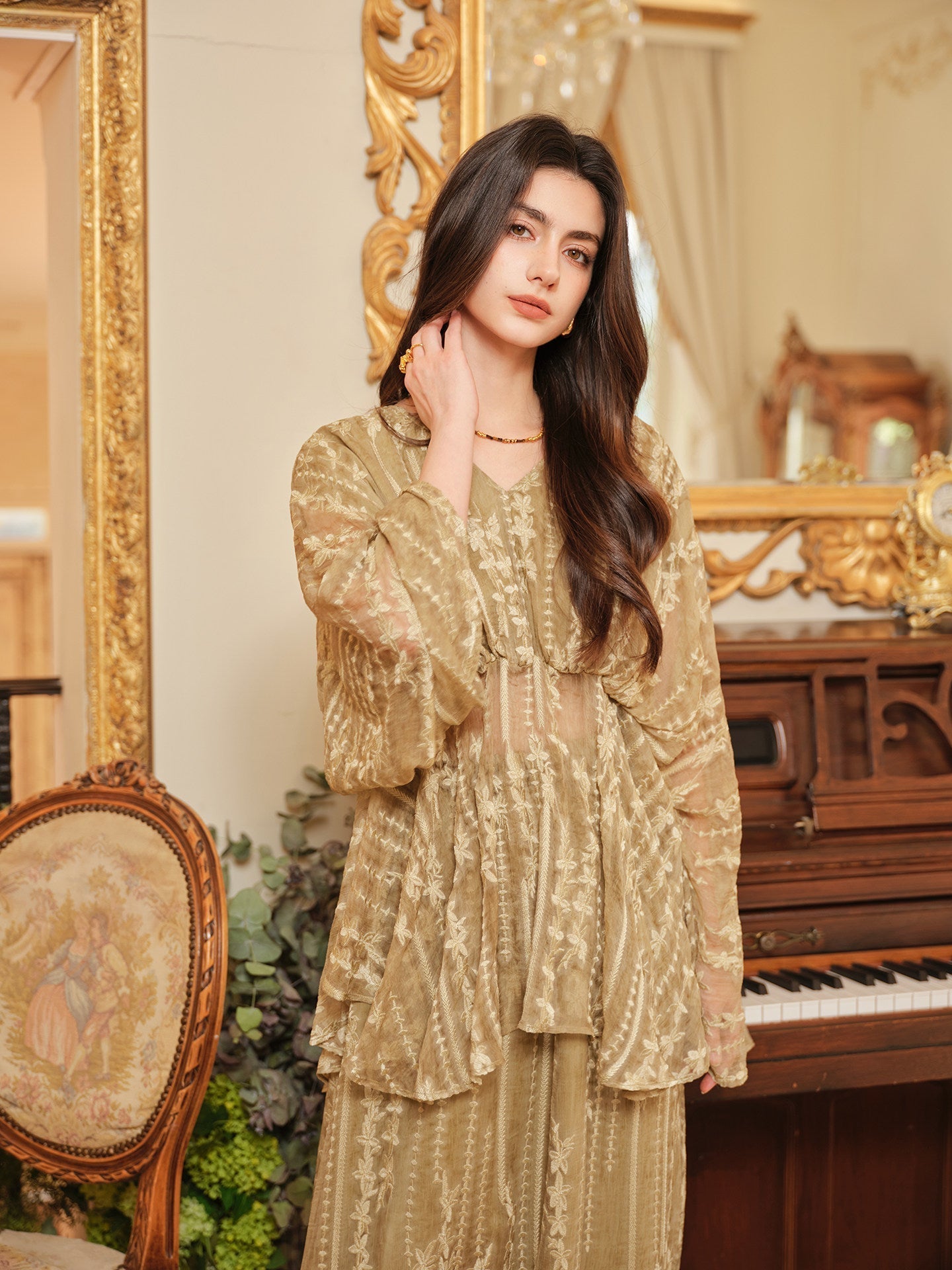 Silk 2-Piece Set - Embroidered Top and Skirt