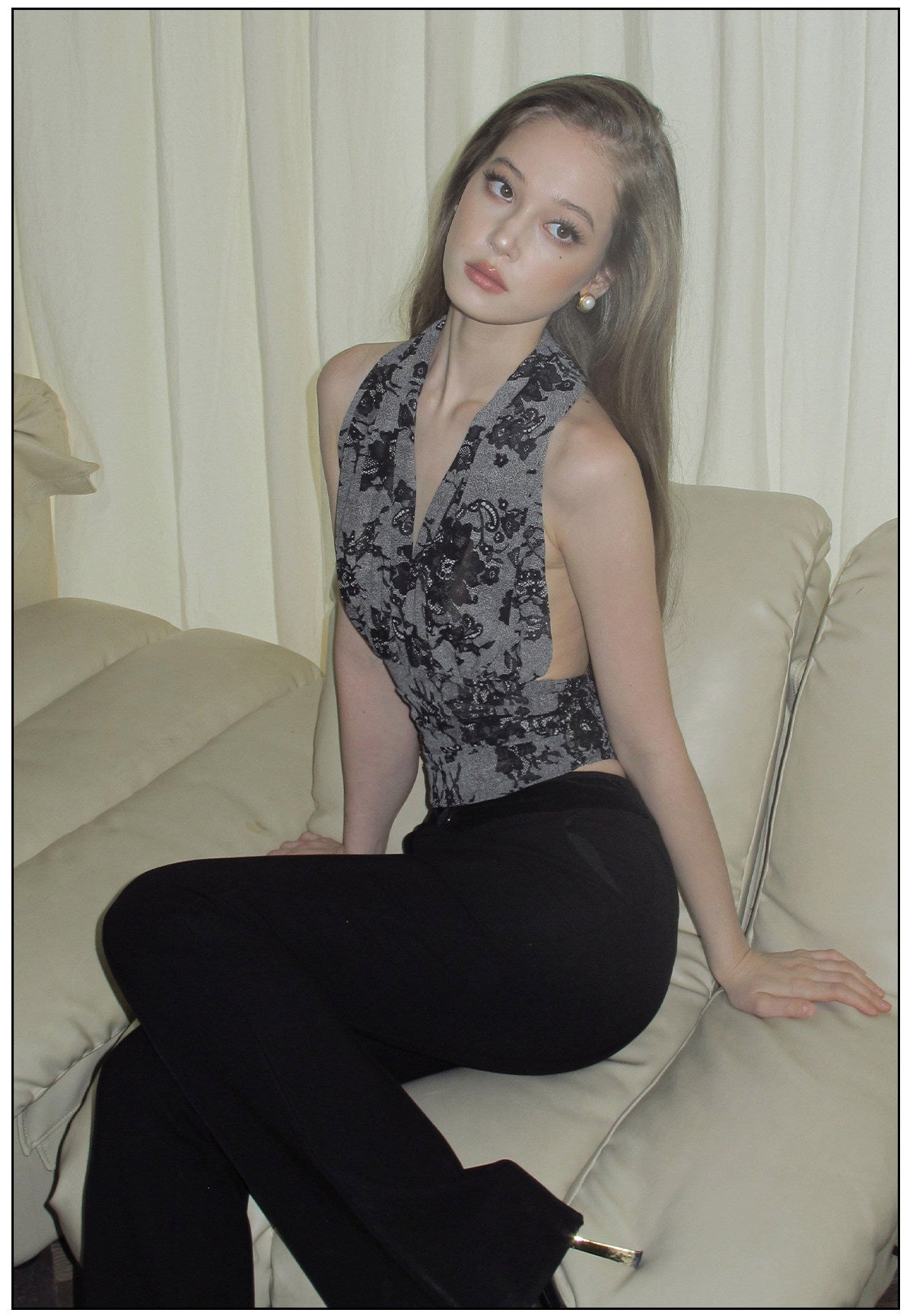Viscose Halter Neck Cami Top - Gray Black Floral