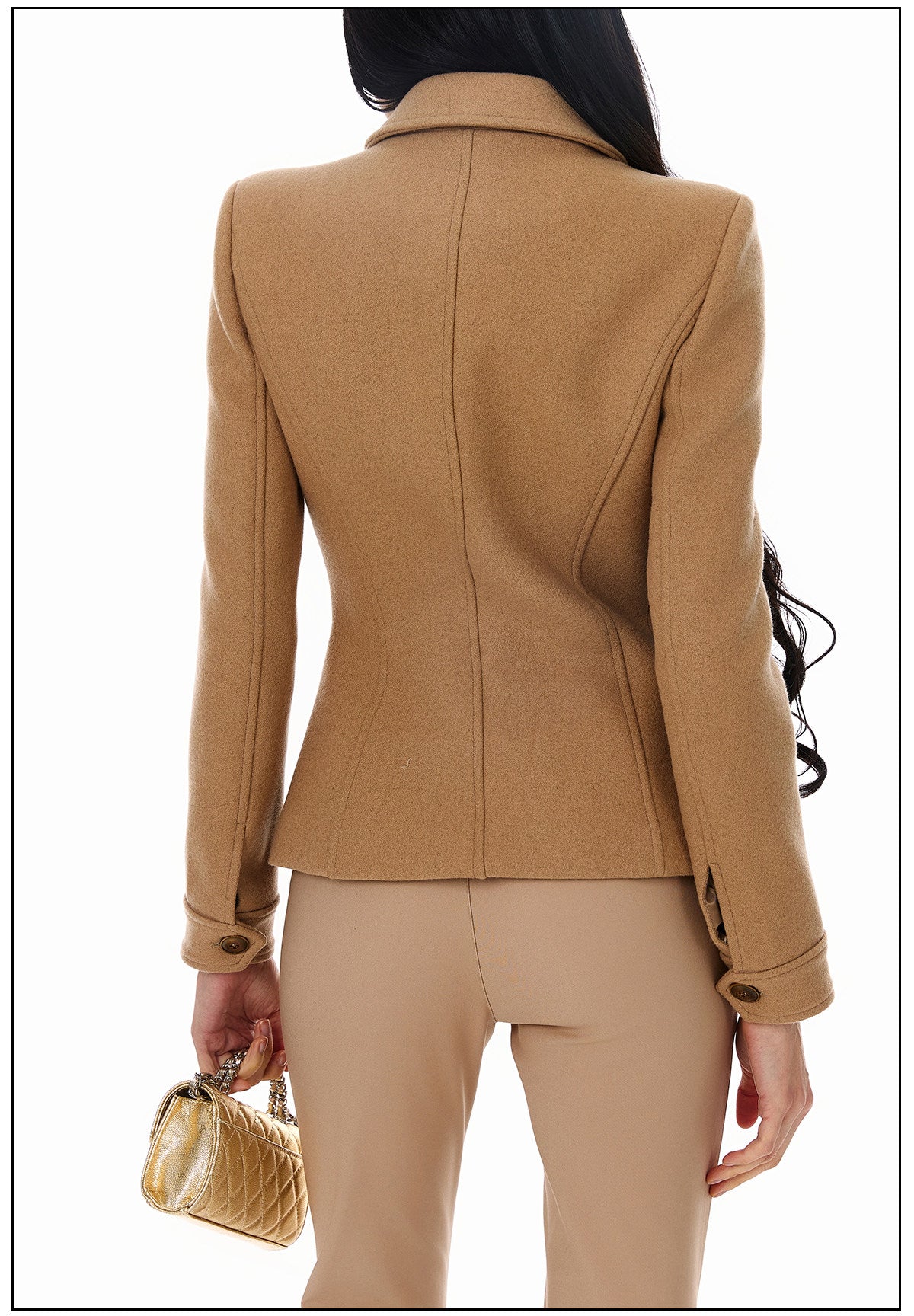 Wool Blend Coat - Elegant Camel Double-Breasted Design