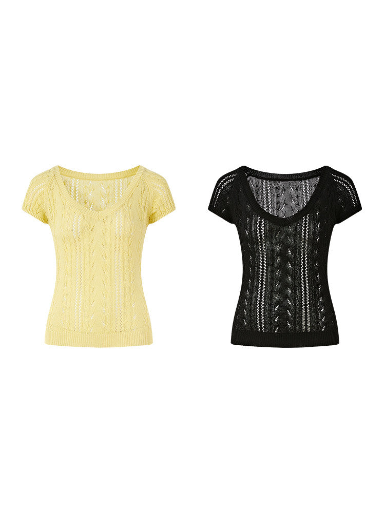 Knitted V-Neck Top - Elegant Cable Knit Design