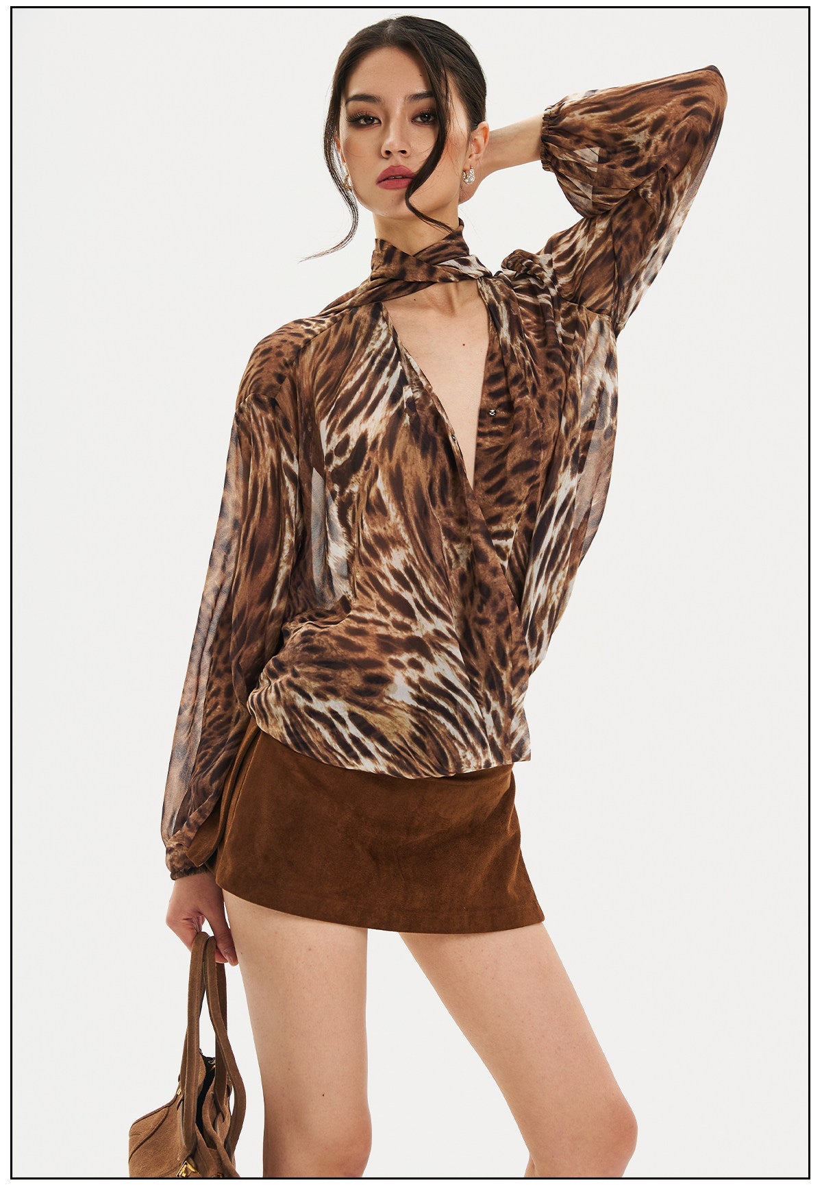 Chiffon Blouse - Leopard Print V-Neck Design