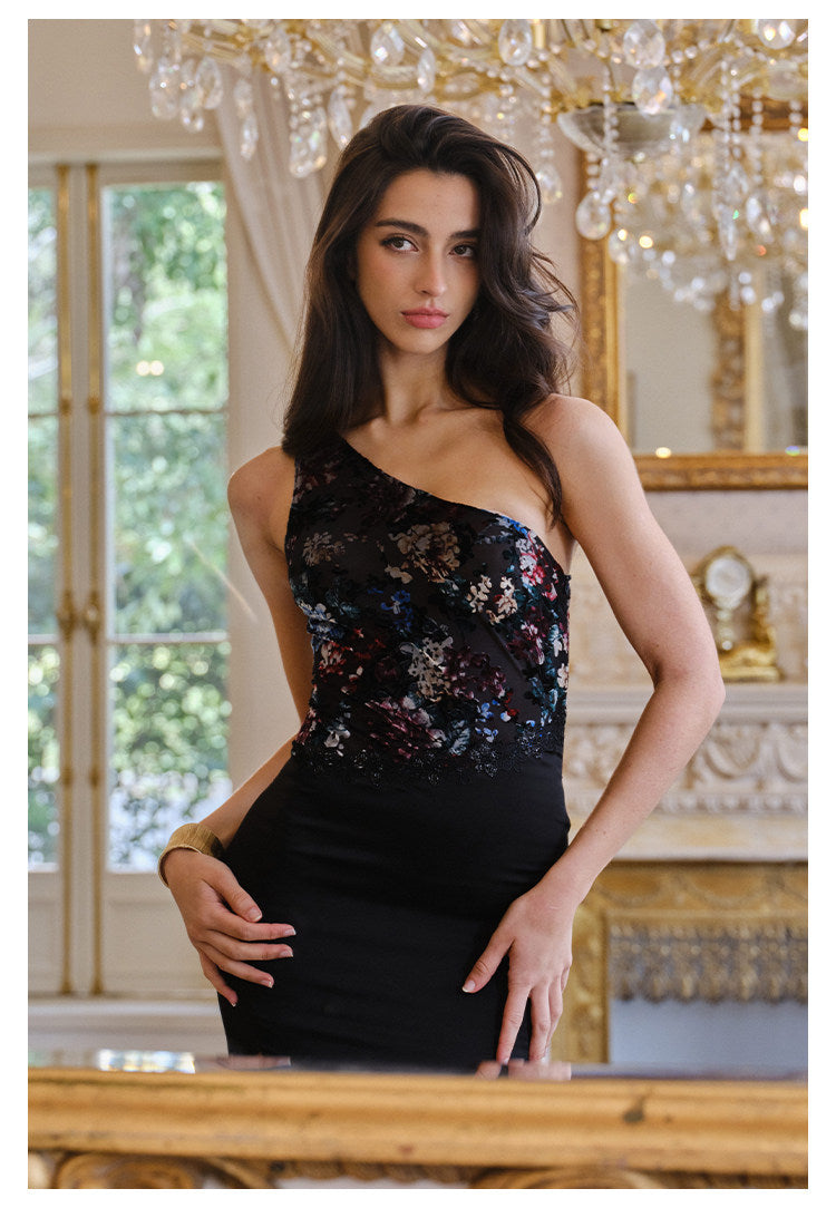 Velvet Dress with Floral Print and Off-Shoulder Design