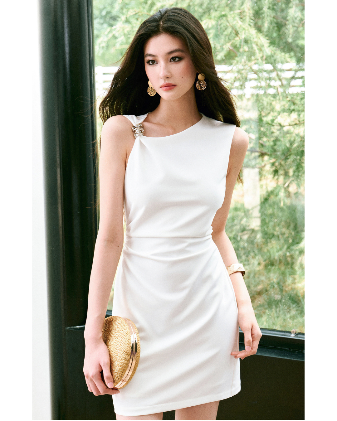 Twill Fabric Asymmetrical One-Shoulder Dress with Metallic Embellishments