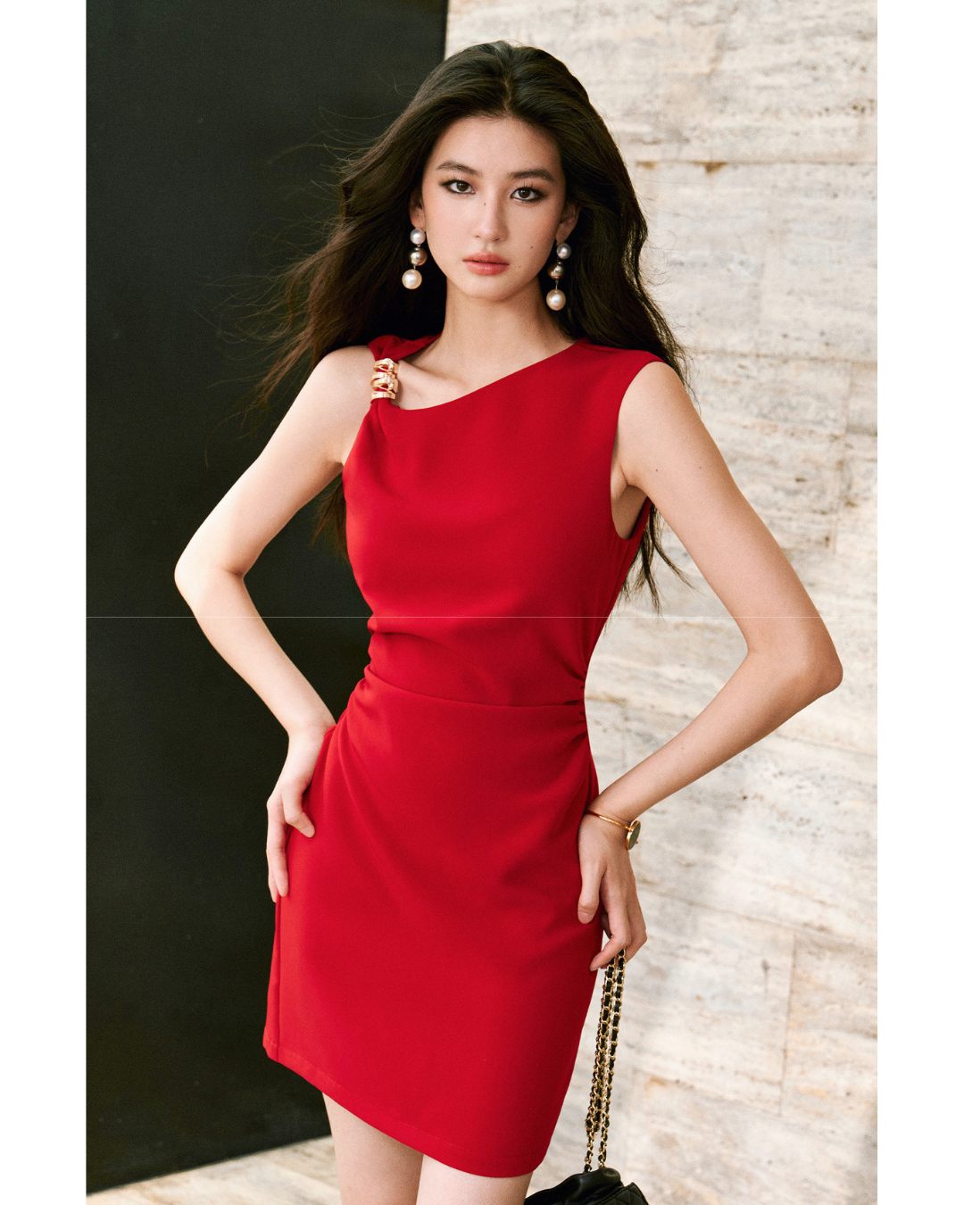 Twill Fabric Asymmetrical One-Shoulder Dress with Metallic Embellishments