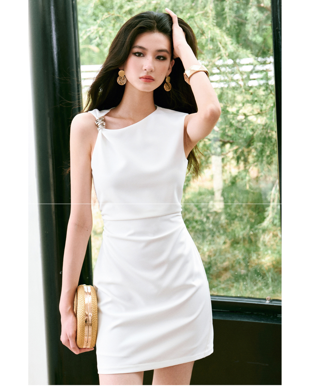 Twill Fabric Asymmetrical One-Shoulder Dress with Metallic Embellishments