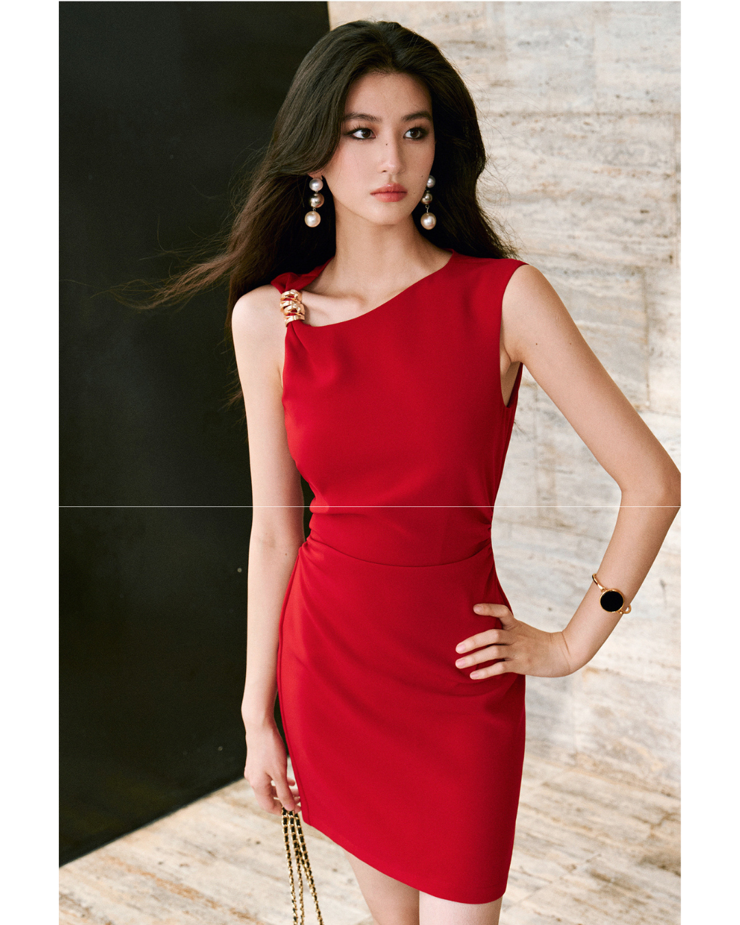 Twill Fabric Asymmetrical One-Shoulder Dress with Metallic Embellishments