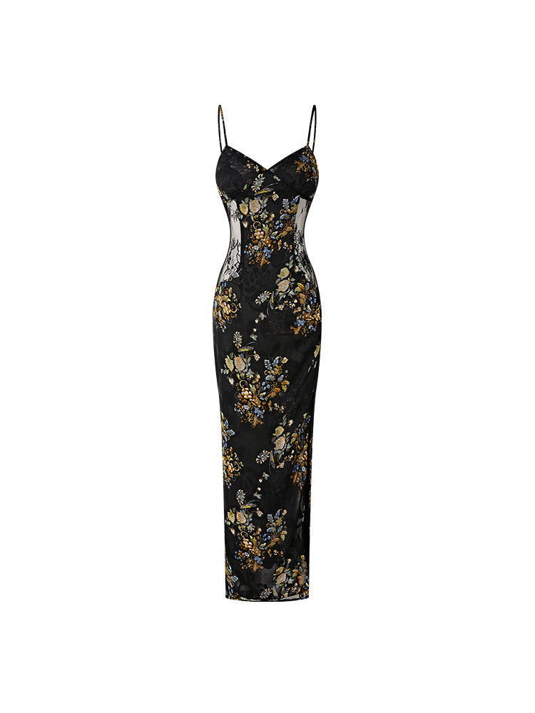 Polyester Long Dress with Lace Design