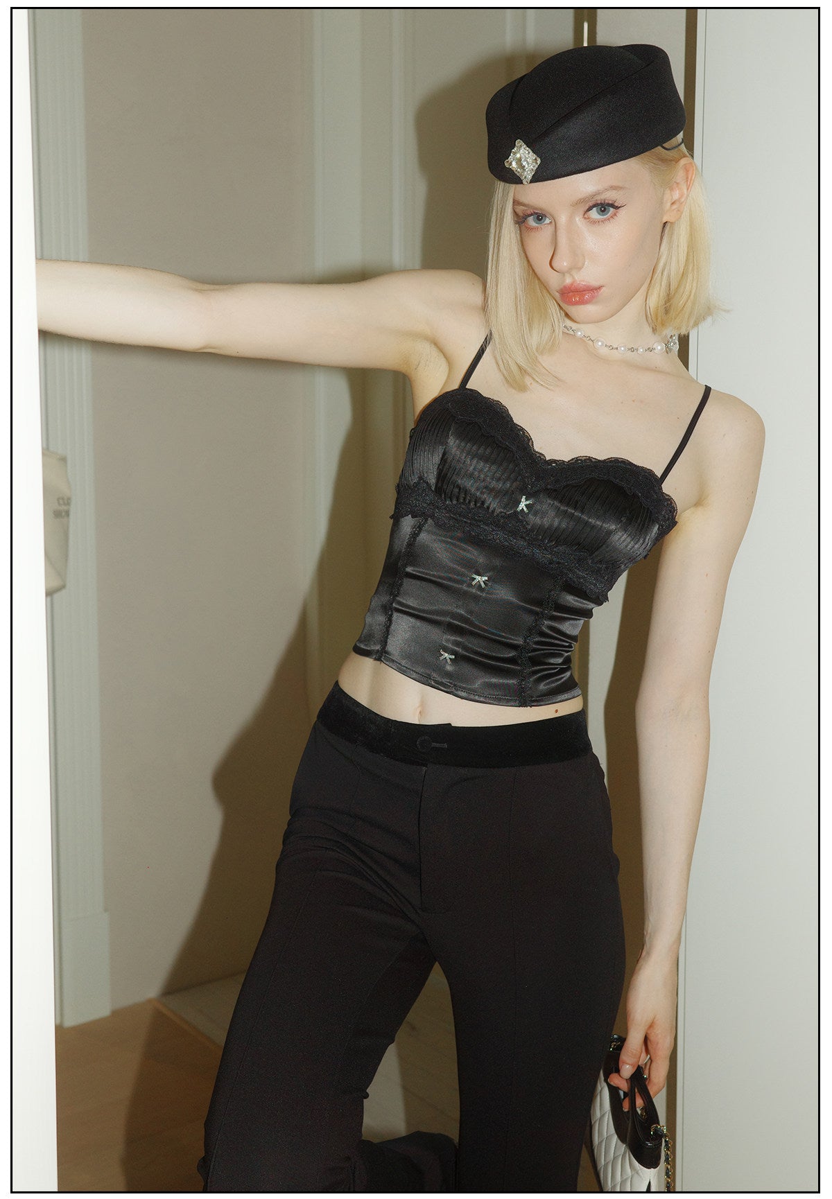 Satin Camisole Top with Fishbone Lace Design