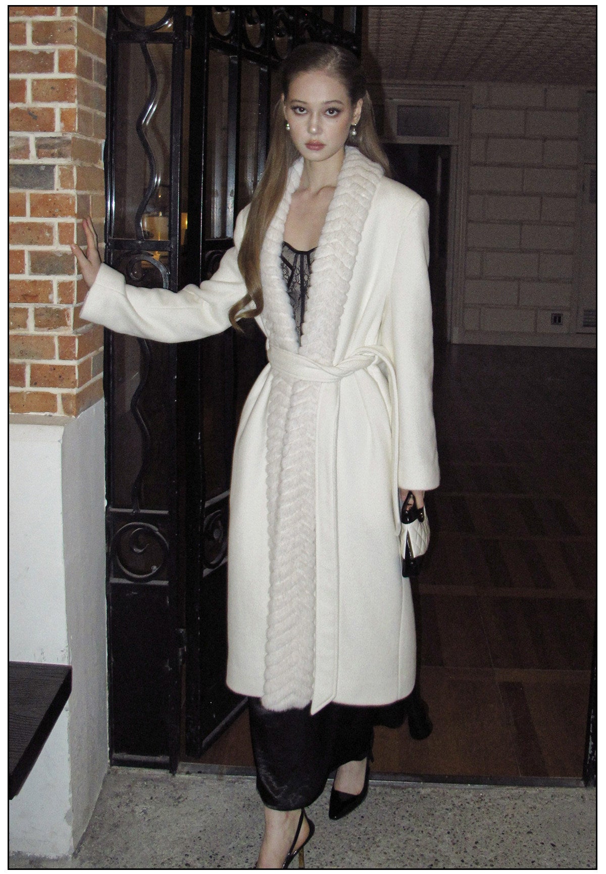 Wool Blend Long Coat with Faux Fur Collar