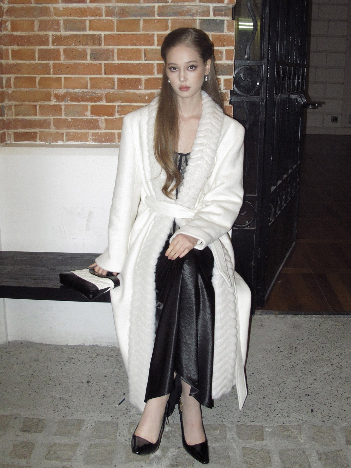 Wool Blend Long Coat with Faux Fur Collar