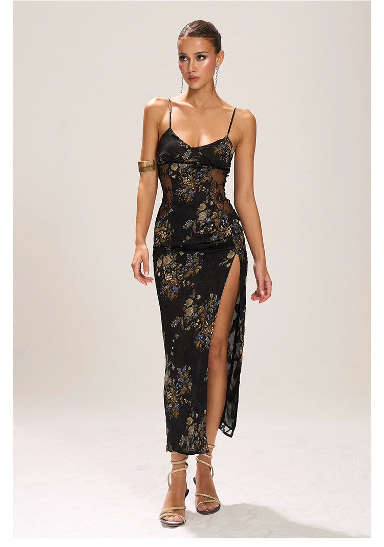 Polyester Long Dress with Lace Design