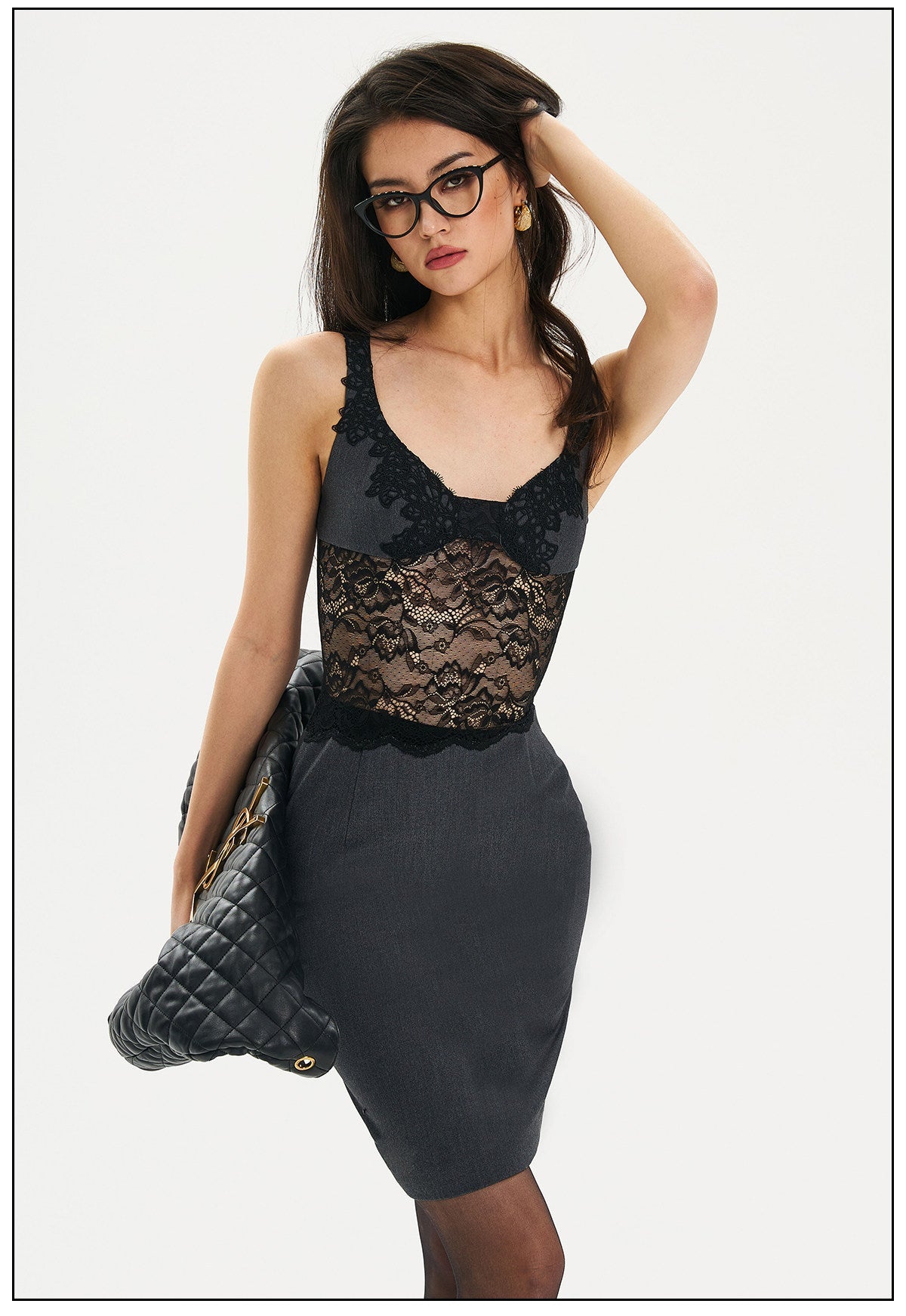 Polyester Dress - Lace Contrast Deep V-Neck