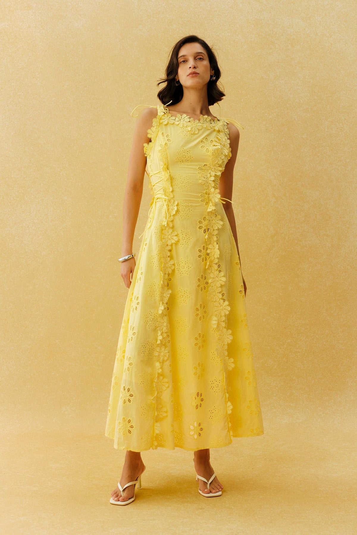 Yellow Eyelet Embroidery 3D Floral Appliqué Tie-Strap Beach Maxi Dress