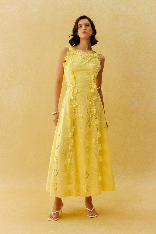Yellow Eyelet Embroidery 3D Floral Appliqué Tie-Strap Beach Maxi Dress