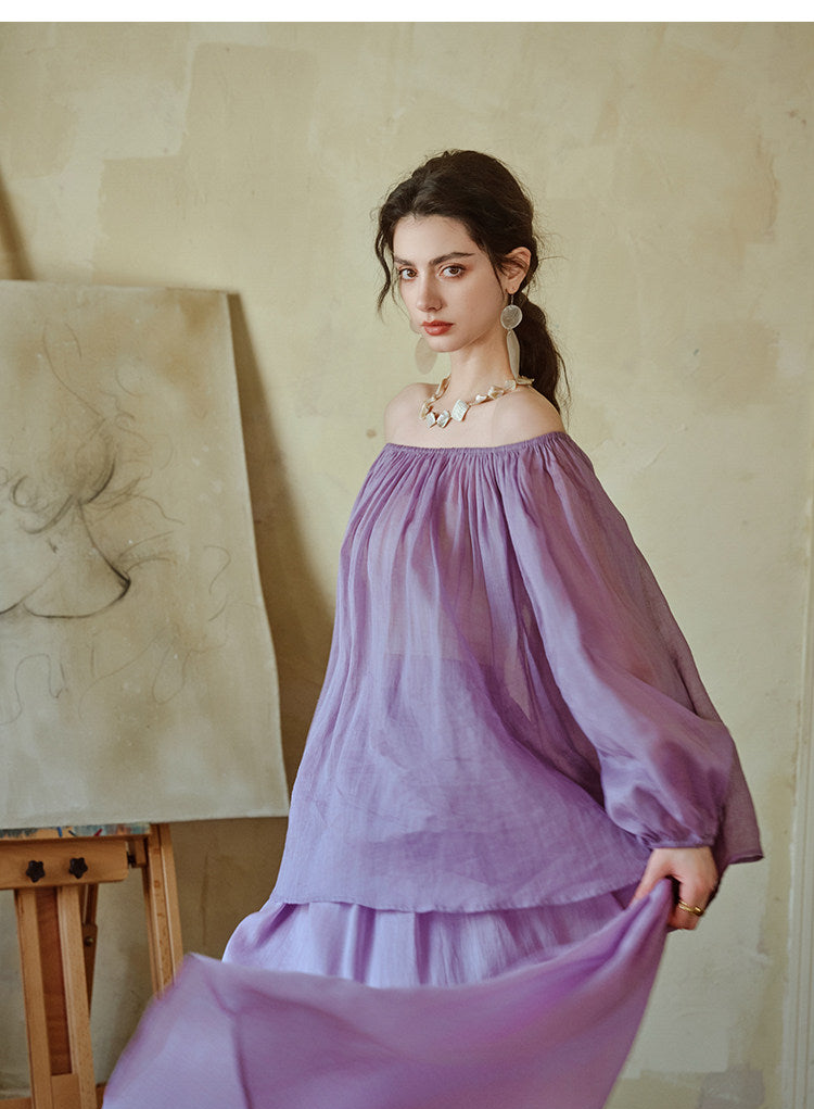Natural Tencel Linen 2-Piece Set - One-Shoulder Top and Skirt