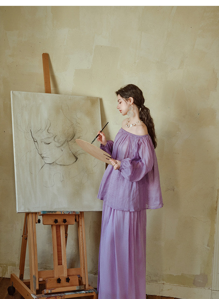 Natural Tencel Linen 2-Piece Set - One-Shoulder Top and Skirt