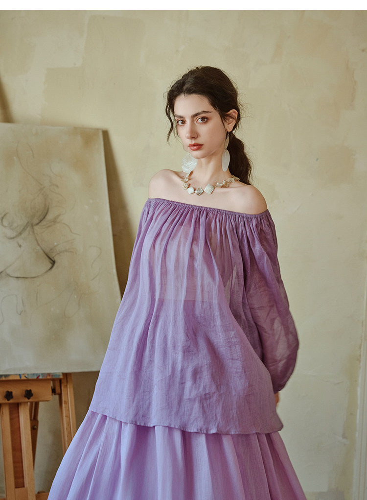 Natural Tencel Linen 2-Piece Set - One-Shoulder Top and Skirt