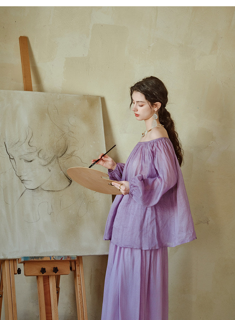 Natural Tencel Linen 2-Piece Set - One-Shoulder Top and Skirt