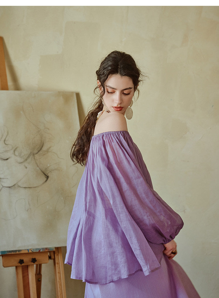 Natural Tencel Linen 2-Piece Set - One-Shoulder Top and Skirt