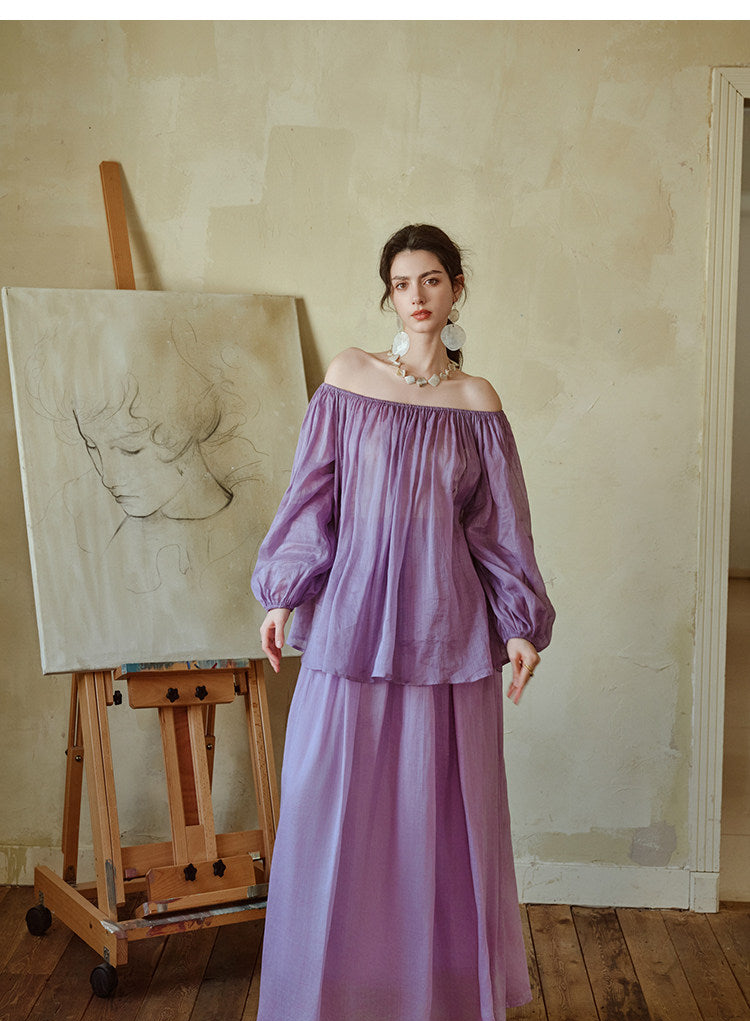 Natural Tencel Linen 2-Piece Set - One-Shoulder Top and Skirt