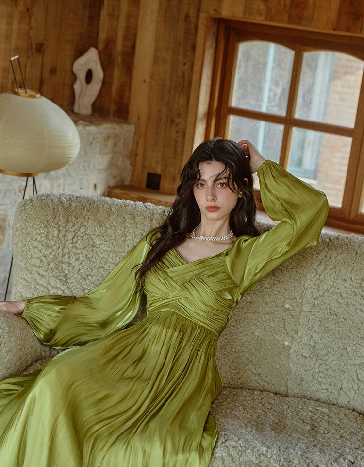 Satin Dress with Pleated Waist and Puff Sleeves