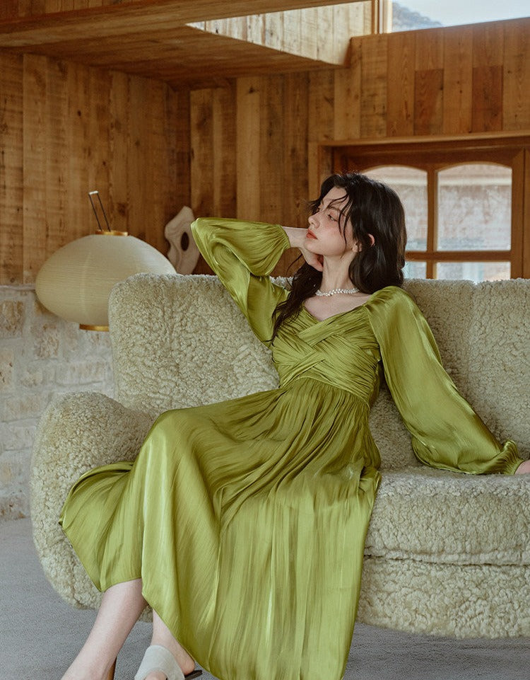 Satin Dress with Pleated Waist and Puff Sleeves