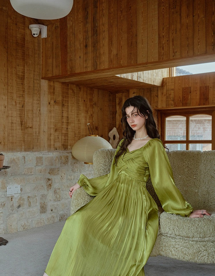Satin Dress with Pleated Waist and Puff Sleeves