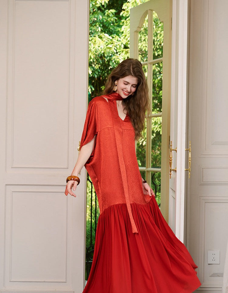 Acetate Polyester Dress - Batwing Sleeve Minimalist Style