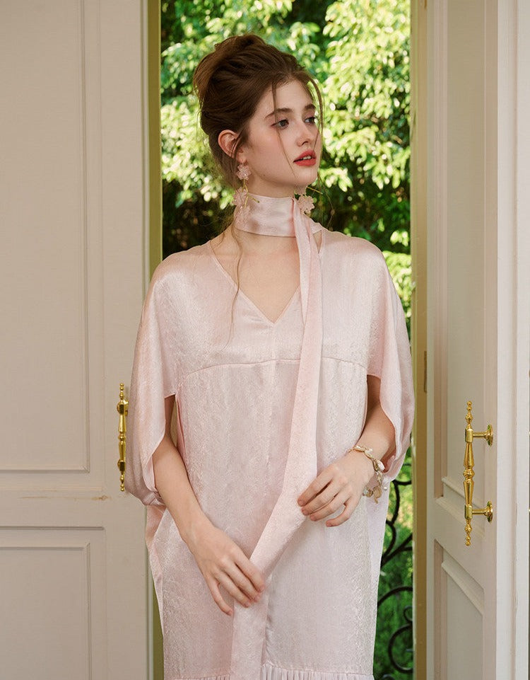 Acetate Polyester Dress - Batwing Sleeve Minimalist Style
